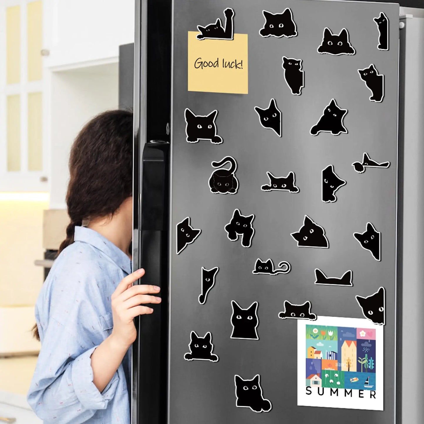 MeowMix™ – 25pcs Cute Black Cat Fridge Magnets Set | Funny & Floral Decor for Cat Lovers